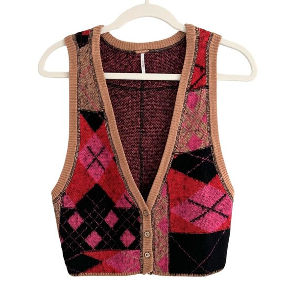 Free People Sweaters - Free People Sweater Vest Tan Black Pink Argyle Cropped Size Small